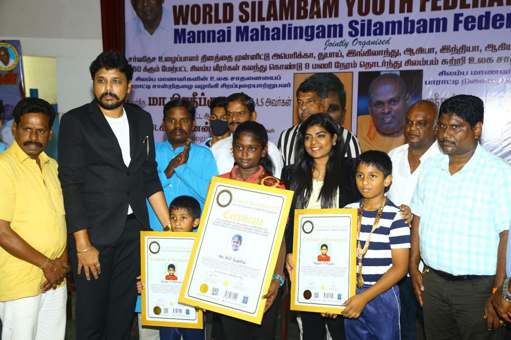 THE YOUNGEST IN THE WORLD TO PERFORM THE LONGEST DOUBLE-HANDED SILAMBAM (MARTIAL ARTS) MARATHON BY LEADING 250 CHILDREN FOR 8 HOURS